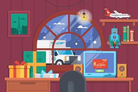 Online shopping with laptop .Christmas sale vector illustration. Notebook with add to cart button.のイラスト素材