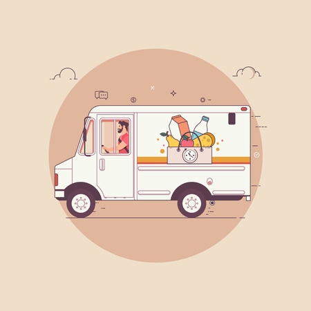 Food truck delivery. Food in package.Thin line colorful vector illustration isolated on stylish backgroundのイラスト素材