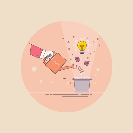 Hand watering light bulb, concept for creative innovative work, investing into ideas, growing business.のイラスト素材