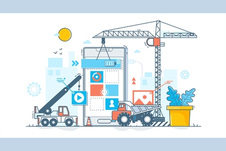 App development process. Construction of web design.Vector illustration in flat linear styleのイラスト素材