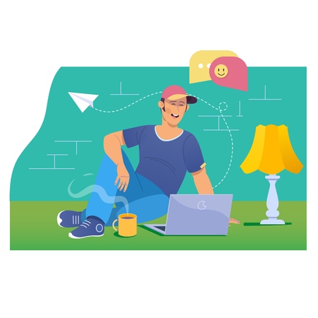 Live Chat Chatting Communication Digital Web Concept.Online dating and social networking concept - teenager chatting on the Internet.Flat vector illustrationのイラスト素材