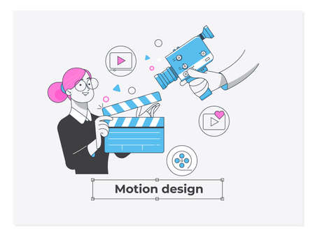 Business Concept Motion Design Studio. Teamwork of Clerks, Designer, Editor.Vector illustrationのイラスト素材