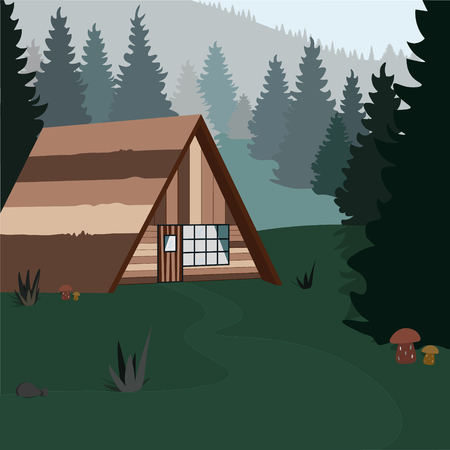 Landscape with ,mountain,forest,trees, pines, wood,plant, house. Minimalistic landscape nature. Nature vector.のイラスト素材