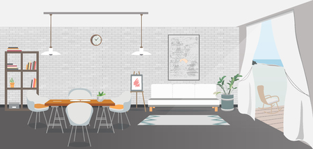 Loft room interior with barrel, chairs, table, lamp, easel, window. The dining room and living roomのイラスト素材