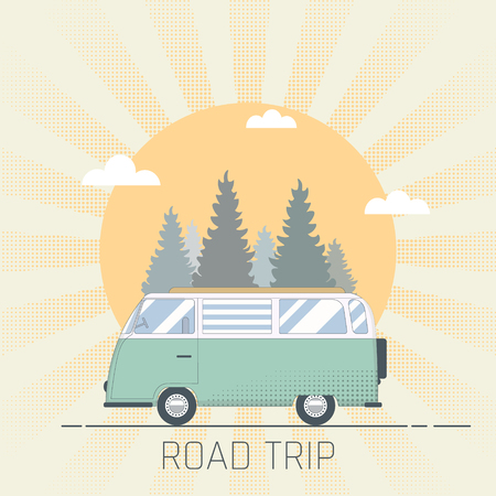 Vector flat web banner on the theme of Road trip, Adventure, Trailering, Camping, outdoor recreation, adventures in nature, vacation. Modern flat design. Vector.のイラスト素材