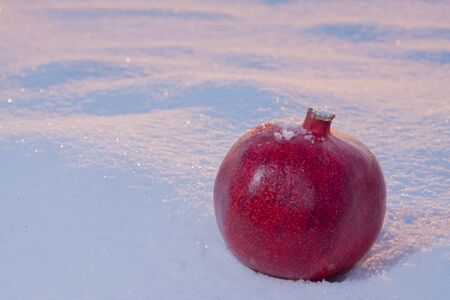 Juicy and delicious pomegranate on the snow in the light of the unusualの写真素材