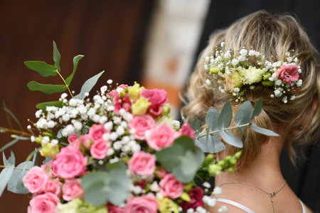 Beautiful bridal bouquet in the hands of the bride.の写真素材