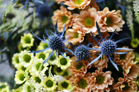 Bouquet of flowers with blue and yellow flowers close-upの写真素材