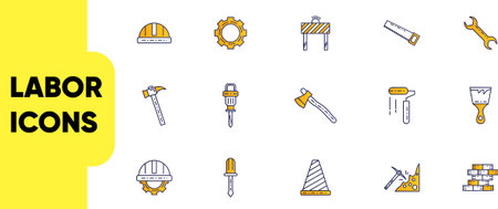 Labor day line icon set. Hammer, wrench, helmet. Construction concept. Can be used for topics like repair, building, equipmentのイラスト素材
