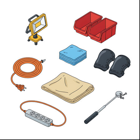 A flat lay arrangement of various tools and supplies, including a work light, extension cord, power strip, cleaning cloths, storage bins, and a magnetic pickup tool.の素材