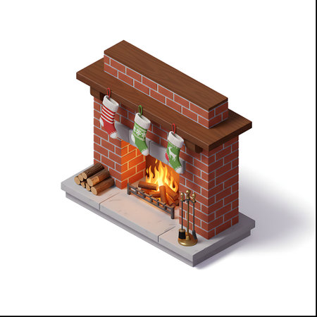 A charming isometric illustration of a brick fireplace with a warm, glowing fire, decorated with festive Christmas stockings and a pile of logs.の素材