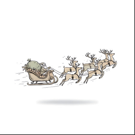 A whimsical illustration of Santa Claus in his sleigh pulled by a team of reindeer, soaring through a snowy landscape.の素材