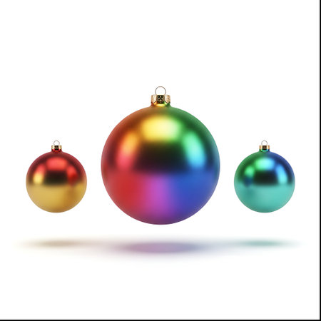 Three shiny, metallic Christmas ornaments with a rainbow gradient effect, displayed in a row against a white background.の素材