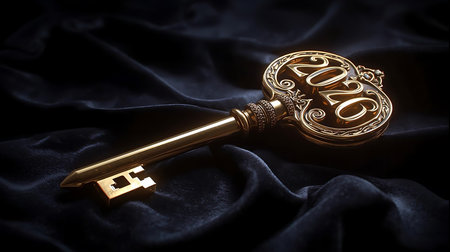 A close-up shot of an ornate golden key, featuring the year '2020' intricately engraved on its head, resting elegantly on a draped dark velvet fabric, symbolizing new beginnings and opportunities.の素材