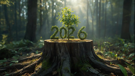 A vibrant moss sculpture forming the number 2026 sits atop a weathered tree stump in a sun-dappled forest, symbolizing growth, renewal, and environmental consciousness for the future.の素材