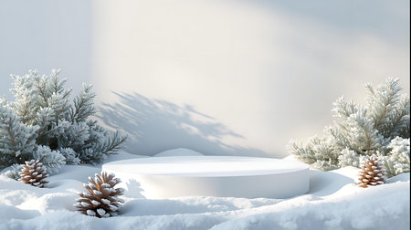 A serene winter scene featuring a pristine white product display pedestal surrounded by snow-covered pine trees and scattered pinecones, bathed in soft, natural light, perfect for seasonal product sh.の素材