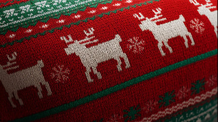 A detailed close-up shot of a vibrant red and green Christmas sweater, featuring intricate white knitted patterns of reindeer and snowflakes, evoking a cozy holiday spirit.の素材