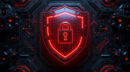 A glowing red shield with a padlock icon at its center, set against a dark, intricate digital background with red and blue light accents, symbolizing robust cybersecurity and data protection.の素材
