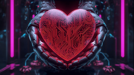 A striking image of metallic, robotic hands gently cradling a vibrant red heart, intricately designed with circuit board patterns, set against a dark, futuristic backdrop with neon pink lighting, sym.の素材