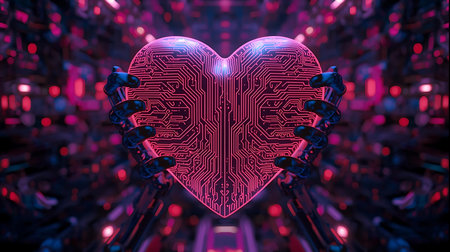 A captivating image of robotic hands gently cradling a vibrant, glowing heart-shaped circuit board, set against a backdrop of intricate neon lights and futuristic technology.の素材