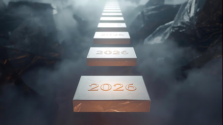 A conceptual image of a stairway leading upwards into a bright light, with each step marked with a year, starting with 2025.の素材