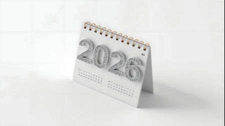 A clean, minimalist shot of a 2026 desk calendar with prominent silver numbers, set against a pristine white background. The calendar stands upright, ready for a new year.の素材