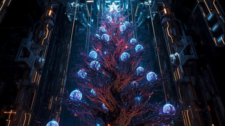 A unique, modern Christmas tree with a dark, textured trunk and branches, adorned with numerous glowing blue spherical ornaments and topped with a bright star, set against a dark, industrial backgrou.の素材