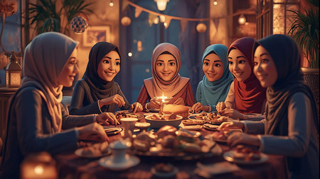 A group of Muslim women in hijabs are seated around a table, enjoying an Iftar meal together during Ramadan. The scene is warm and inviting, with food laid out and soft lighting, highlighting their shared moment of breaking fast.の素材