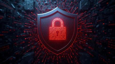 A glowing red padlock icon is prominently displayed on a dark, metallic shield, set against a backdrop of abstract digital lines and light rays, symbolizing robust cybersecurity and data protection.の素材