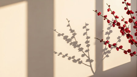 Close-up of blooming red plum branches with intricate shadows falling on a textured, cream-colored wall, bathed in warm sunlight.の素材