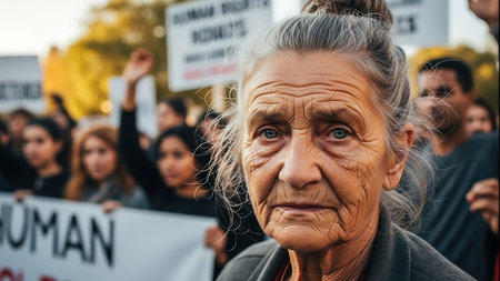 Older woman with determined expression at a protest rally with signs and people in the background.の素材