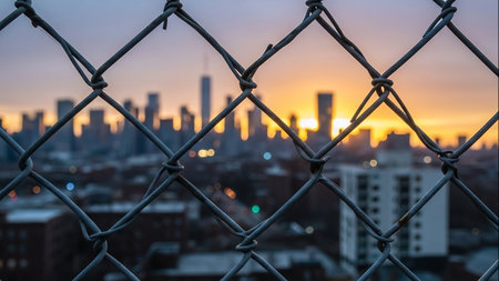Urban landscape with chain link fence in foreground at duskの素材