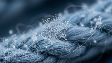 Detailed view of frost crystals on a dark woven fabric surfaceの素材