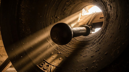A close-up of a metal pipe with light shining through the endの素材