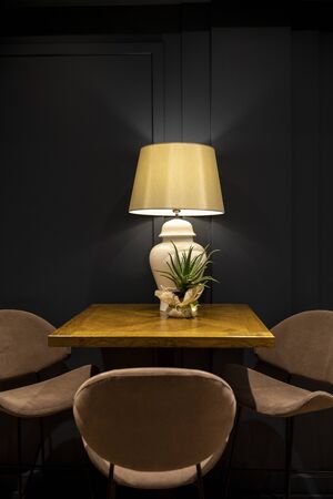 Table lamp and small aloe on wooden deck. Chairs around the table. Black backgroundの写真素材