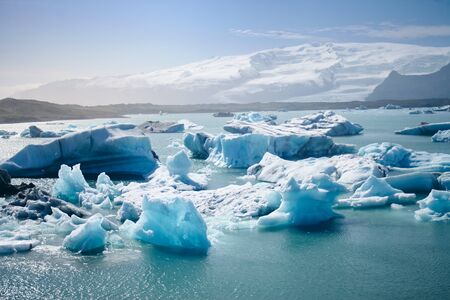 Jokulsarlon, the largest ice lagoon in Iceland with floating icebergs. Glacier lake with icebergs.