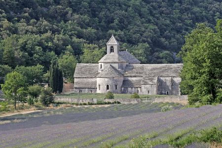 Abbaye Notre-Dame de Senanque, Building exterior, with lavender fields, Provence, Southern Franceの写真素材