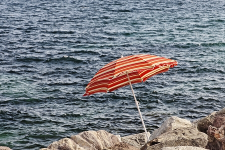 Parasol at the golf of Saint Tropez, Cote d Azur, French Riviera, Southern France, Europeの写真素材