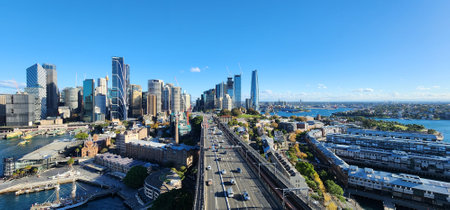 Skyscrapers in Sydney, Australia. Downtown, business center. View of port Jackson from the top of the Harbour Bridgeの写真素材