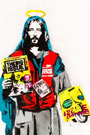 Jesus selling the Big Issue - - graffiti artwork by Loretto in 2018 in London