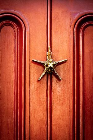 A golden starfish as an elaborate and ornate door knocker on a carved wooden front doorの写真素材