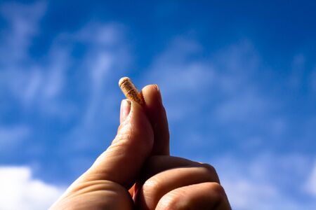 Vitamin pill held between fingers and thumb in a hand before a blue sky with white cloudsの写真素材