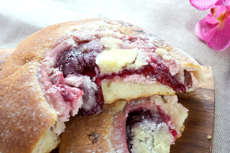 Fresh Cake Filled with Plum and Cherry Jamの写真素材