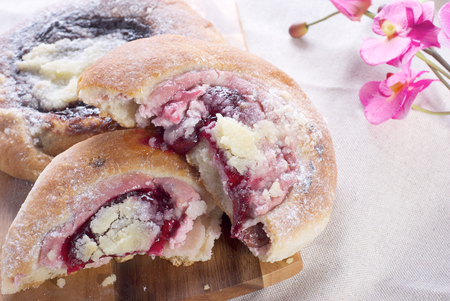 Fresh Cake Filled with Plum and Cherry Jamの写真素材