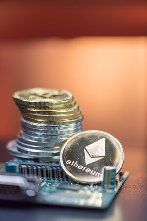 Bitcoin. Ethereal. Litecoin. Golden cryptocurrencies at All-Time High investment (new virtual money)の写真素材