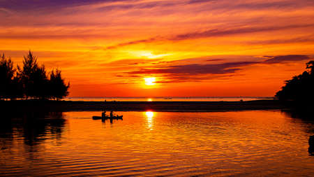 Beautiful tropical beach sea and ocean with coconut palm tree at sunset time for travel and vacationの写真素材