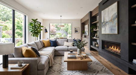 Elegant living room interior featuring large grey sofa coffee table fireplace modern artwork and lush garden views.