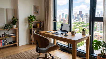 Modern home office, city view workspace, laptop, ergonomic chair, plants, productive environment, urban living.