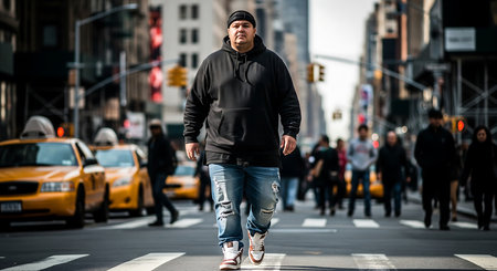 Man walking in New York City, wearing a black hoodie, jeans, sneakers, crossing a crosswalk.の素材