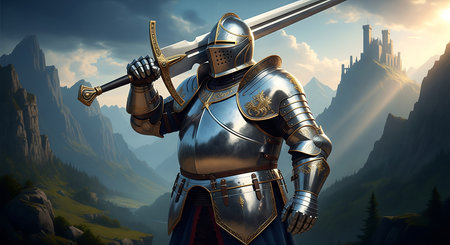 Medieval knight in armor with sword on the background of the ancient cityの素材